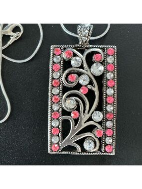 Silver and Pink Stone Pendant Statement Necklace